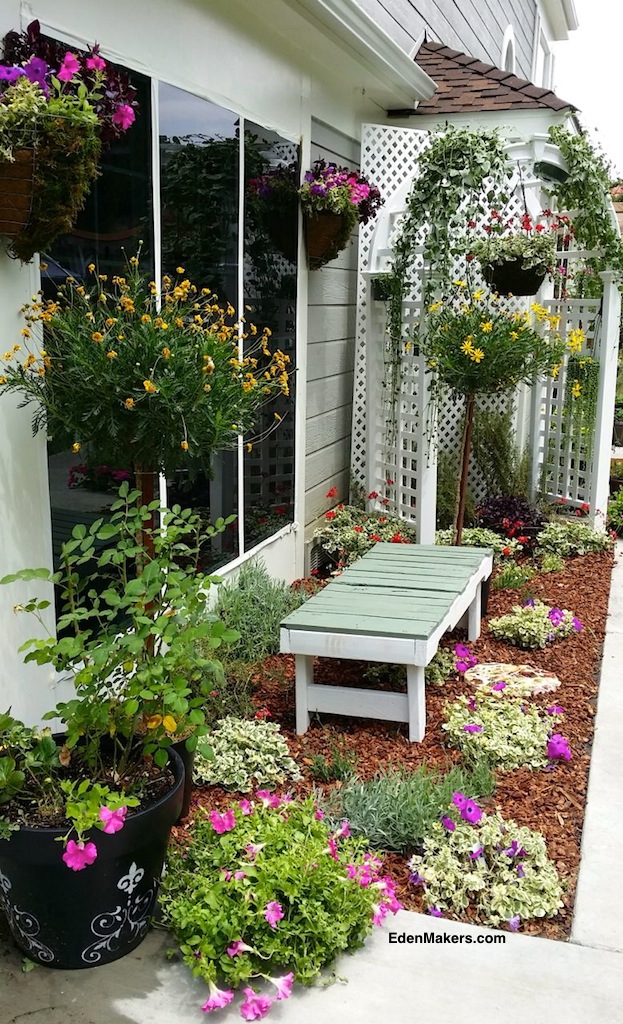 small-narrow-garden-bed-makeover-hanging-plants-arbor-bench-full-view-edenmakers-shirley-bovshow
